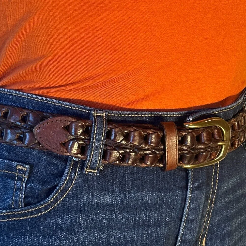 Roundtree & Yorke Mens Brown leather Belt woven open cutwork essential timeless